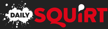 The 'DAILY SQUIRT' logo features white and red text with paint splatter graphics.